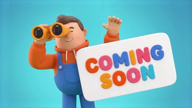 Detailed 3D CGI rendering of a character looking through binoculars and holding a "COMING SOON" sign isolated on a solid blue background. Ideal for teaser trailers, product launch promos, marketing an