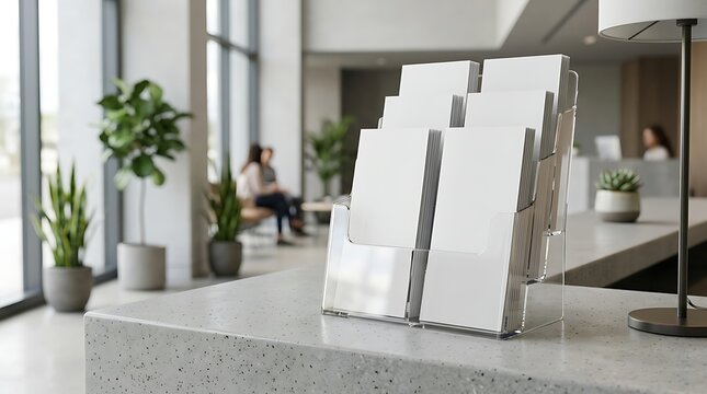 Blank white brochures in a transparent acrylic holder on a reception counter in a modern office lobby mockup