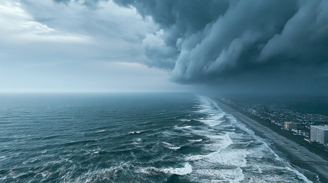 Dramatic shelf cloud looming over coastal town and ocean during severe weather event.
