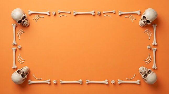 Halloween flat lay frame made of human skulls and bones arranged on a solid light orange background, for a spooky, holiday decoration theme
