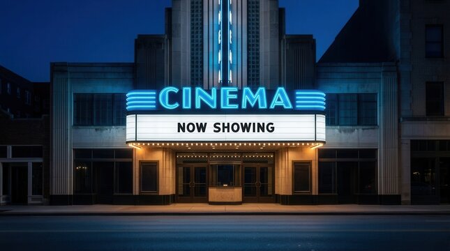 Retro cinema building facade with blue neon lights and a Now Showing marquee sign at night.