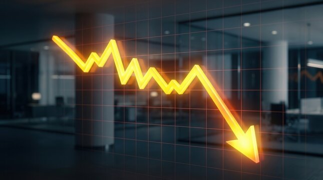 Glowing yellow downward arrow graph depicting a financial market crash on a corporate background.