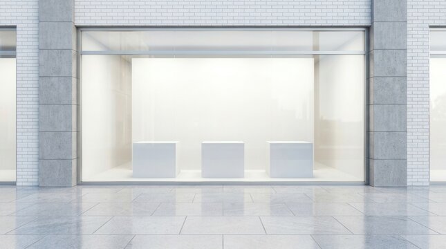 Modern empty storefront with a large window display and three mockup podiums.