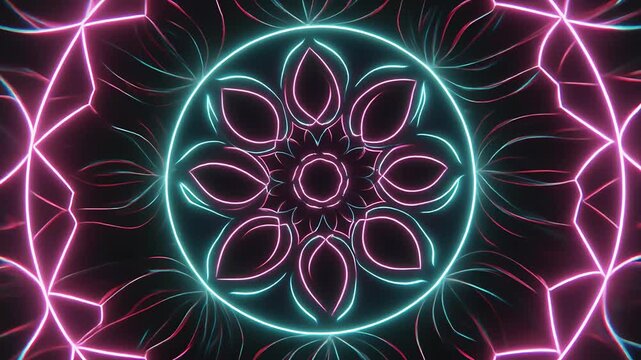 Seamlessly looping abstract neon mandala with glowing pink and cyan floral patterns on a dark background.