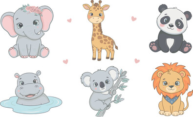 Naklejka premium Cute Baby Jungle Animals Character Set with Elephant Giraffe Panda Hippo Koala and Lion for Kids Nursery Graphic Designs Vector Illustration