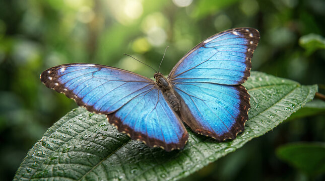 tropical blue morpho butterfly resting on green leaf