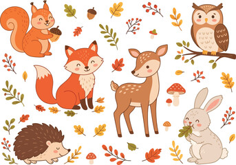 Fototapeta premium Cute woodland animals collection featuring a squirrel fox deer owl hedgehog and rabbit.