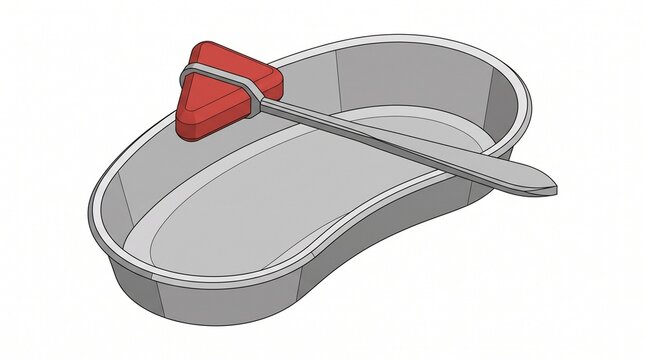Medical reflex hammer resting inside a clinical stainless steel kidney tray with medical equipment