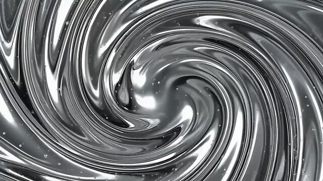 Abstract animation of glossy silver liquid chrome swirling in a hypnotic spiral pattern