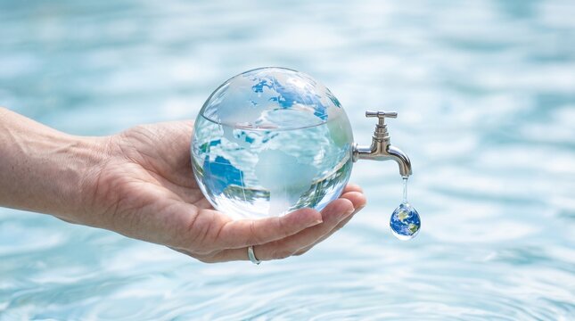 Water conservation and environmental sustainability, a human hand holds a glass earth globe with a metal faucet dripping a tiny world
