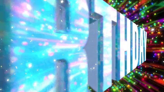 水色のポップな爆発パーティクルとHAPPY BIRTHDAYの3Dモーション文字