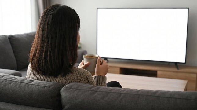 Woman relaxing on comfortable sofa, watching television while enjoying hot coffee, cozy modern living room