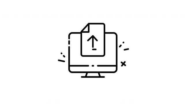 Animated icon of a simple line art monitor displaying a document upload.