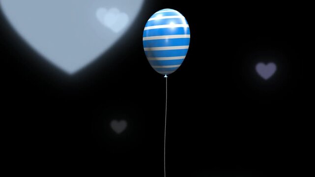 Blue striped balloon floats centrally against a dark background featuring soft glowing heart bokeh elements suspended in the surrounding space.
