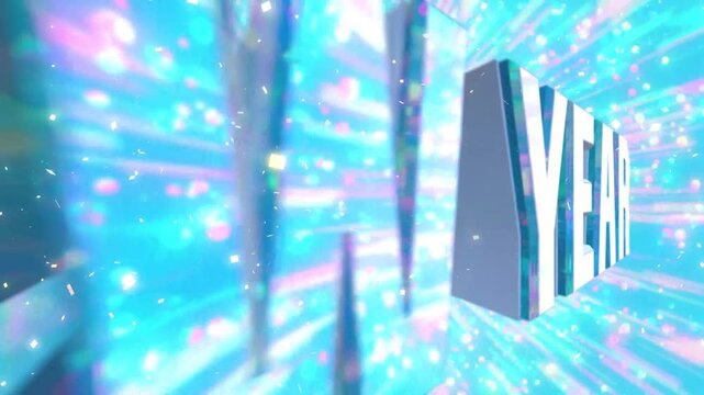水色のポップな爆発パーティクルとHAPPY NEW YEARの3D文字