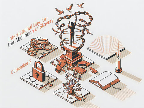 Isometric illustration of abolition with broken chains and books