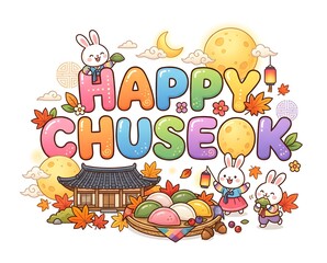 Fototapeta premium Happy Chuseok Korean Thanksgiving Festival Cartoon Illustration with Cute Rabbits, Traditional Hanok, Songpyeon and Autumn Harvest. 