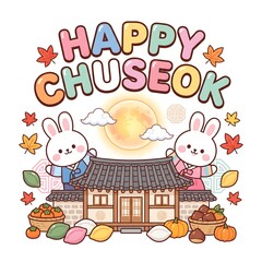 Fototapeta premium Happy Chuseok Korean Thanksgiving Holiday Illustration with Cute Rabbits, Traditional Hanok House, Full Moon and Autumn Harvest. 