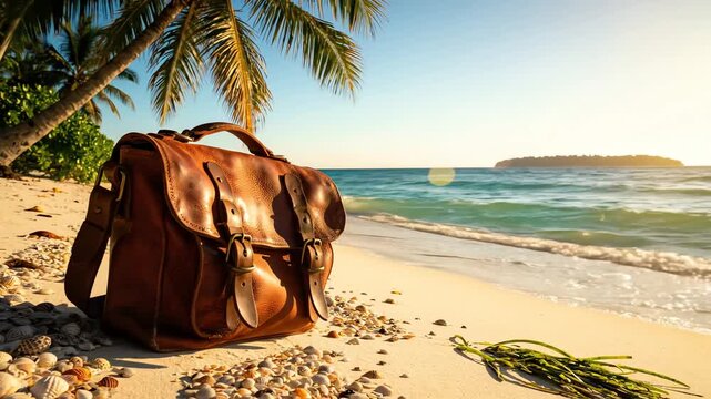 Vintage leather bag on tropical beach with palm trees