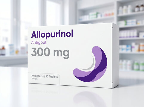 Box of allopurinol gout medication on a pharmacy counter
