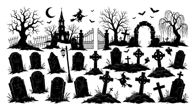 Vintage halloween graveyard illustration with spooky trees tombstones and a gothic church