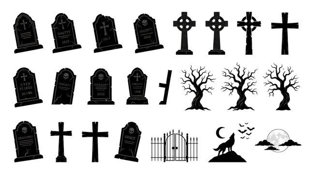 Collection of spooky halloween graveyard elements including tombstones crosses and trees