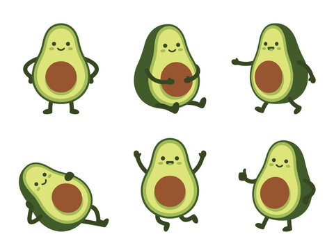 Cute cartoon avocado characters in various poses and expressions