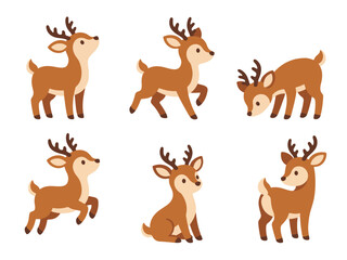 Obraz premium Cute deer characters in various poses and actions simple vector art