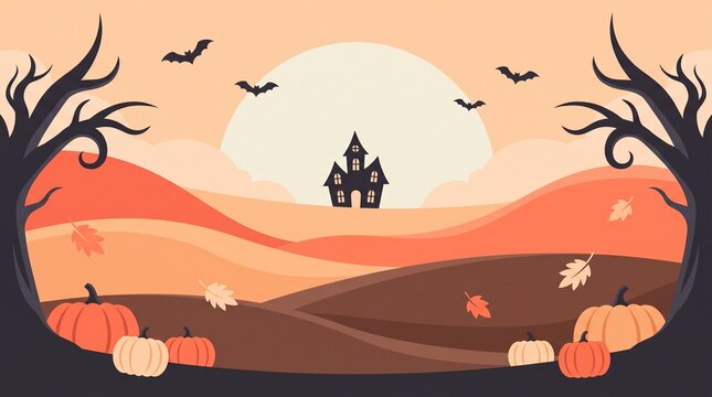 Spooky Halloween Autumn Landscape with Haunted House, Bats and Pumpkins | AI Generated Vector Illustration