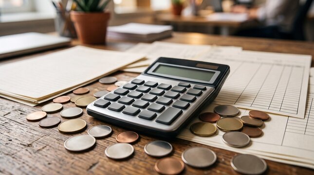 Financial planning and accounting workspace with calculator and coins on desk