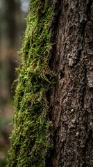 Fototapeta premium Close up of moss growing on a tree trunk in a forest.