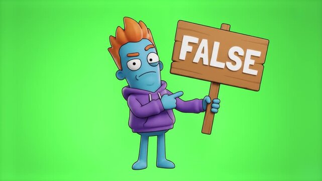 A funny 3D animated blue monster character with spiky hair, holding and pointing to a wooden sign with the word FALSE on a chroma key green background. Suitable for quiz games, mistake alerts, fact-ch