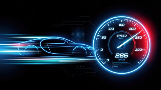 Futuristic neon speedometer showing high velocity with a glowing digit