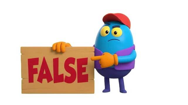 A cute 3D animated blue character in a cap, pointing to a wooden sign with the word FALSE written in bold red letters, isolated on a white background. Great for fact checking, myth debunking, quiz gam