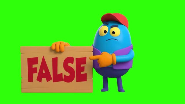 A 3D animated blue bean character in a red cap pointing at a wooden sign with red text on a chroma key green background. Ideal for fact-checking videos, debunking fake news, true or false quizzes, edu
