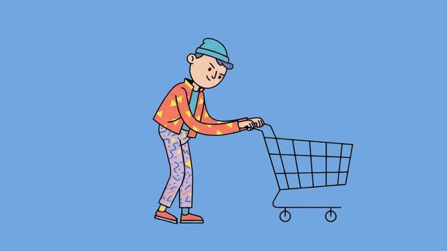 A stylized 2D line art illustration of a young man pushing a supermarket shopping cart on a solid blue background. Great for retail sales promos, e-commerce ads, grocery shopping apps, consumer lifest