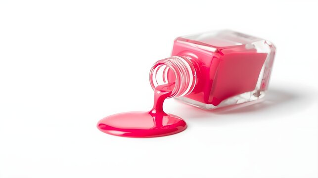 Spilled color nail polish with bottle on white background