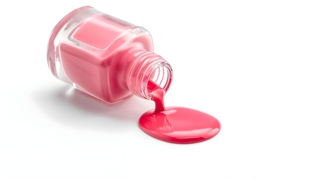Spilled color nail polish with bottle on white background