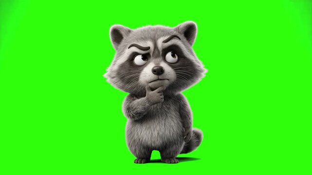 A realistic 3D animated furry raccoon standing and thinking with a hand on its chin on a chroma key green background. Perfect for decision making concepts, problem solving, funny reaction clips, curio