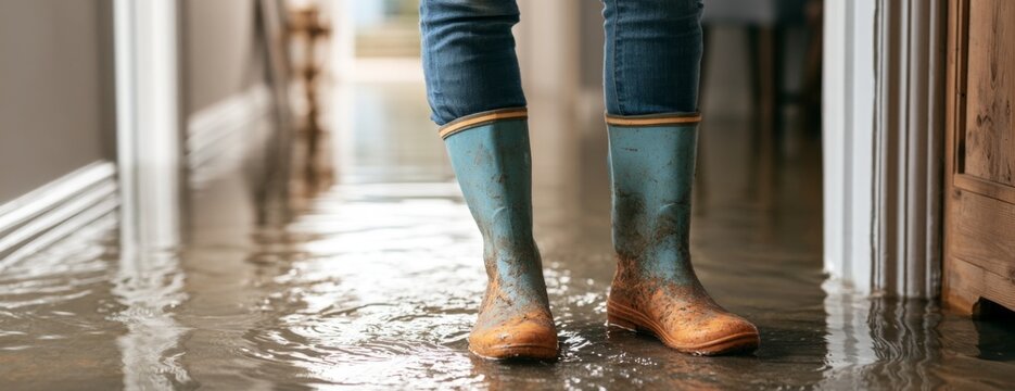 Person standing in flooded room wearing rubber boots  