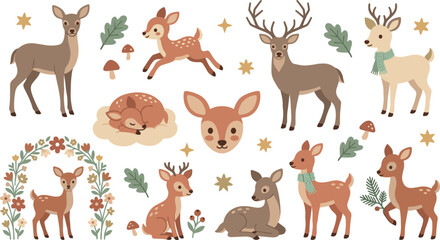 Obraz premium Cute Cartoon Woodland Deer and Fawn Clipart Set with Majestic Stag Spotted Calves Winter Scarves and Forest Elements for Kids Graphic Designs Vector Illustration