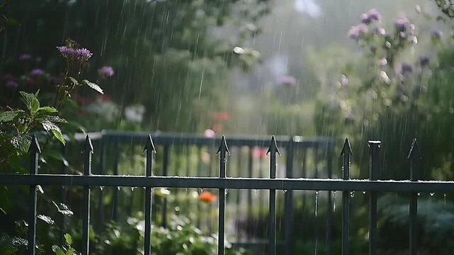 Heavy summer rain falling on a classic black metal fence in a lush green garden with blooming flowers