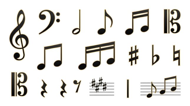 Set of elegant black and gold musical symbols and notes on white background
