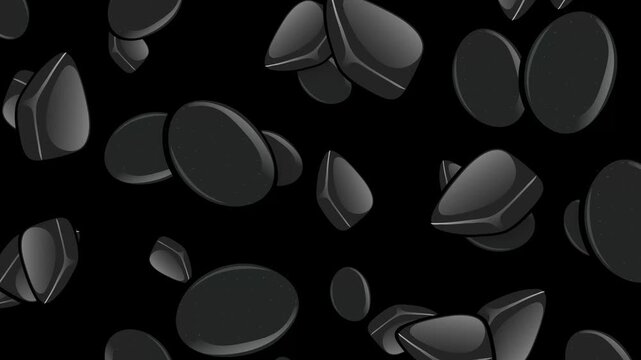 Abstract Animation of Mixed Dark Geometric Objects Falling on Black Background