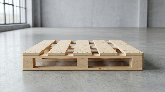Wooden shipping pallet resting on a concrete floor in an empty industrial warehouse space.