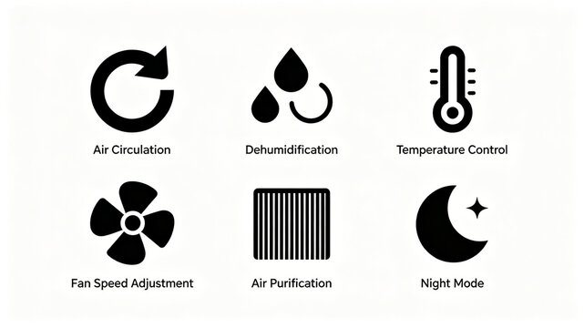 The black flat air conditioning icon represents the concepts of circulation, temperature regulation, and silence, suitable for smart home appliance posters and selling point modules.
