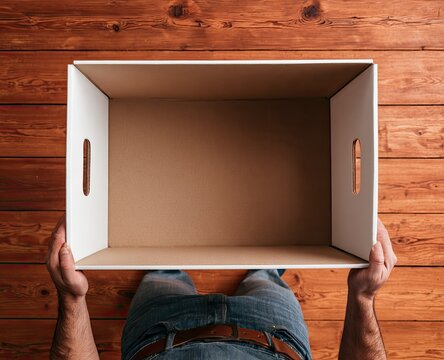 Hands hold open empty cardboard box over wooden floor (1)