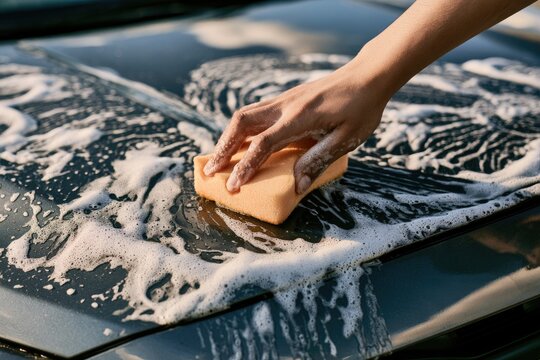 Hand scrubs soapy car hood with orange sponge, creating foamy suds