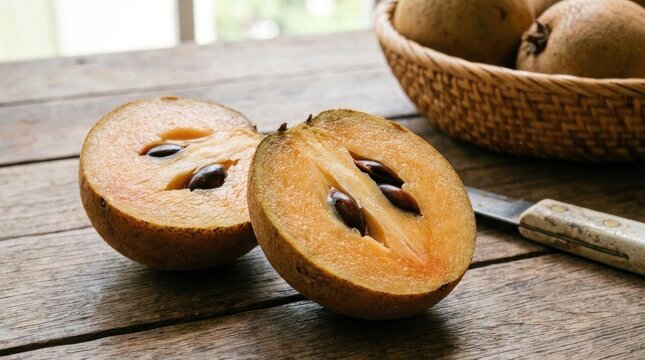 Sliced sapodilla fruit on rustic wooden table background.