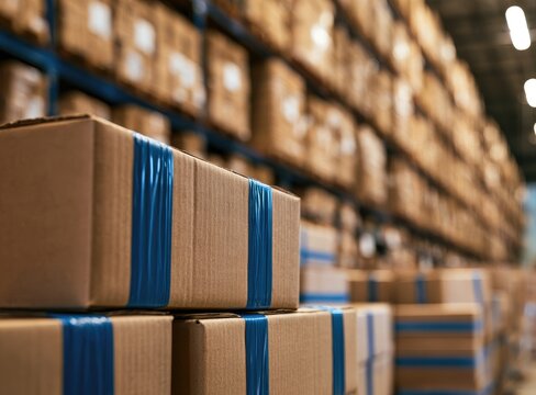 Rows of cardboard boxes, some with blue tape, stacked high in a warehouse